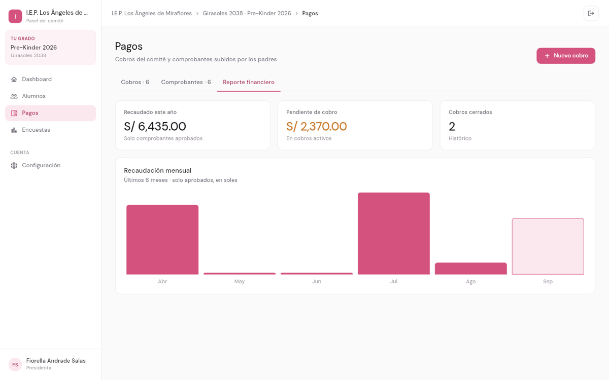 Reporte financiero del panel con gráfico de recaudación mensual