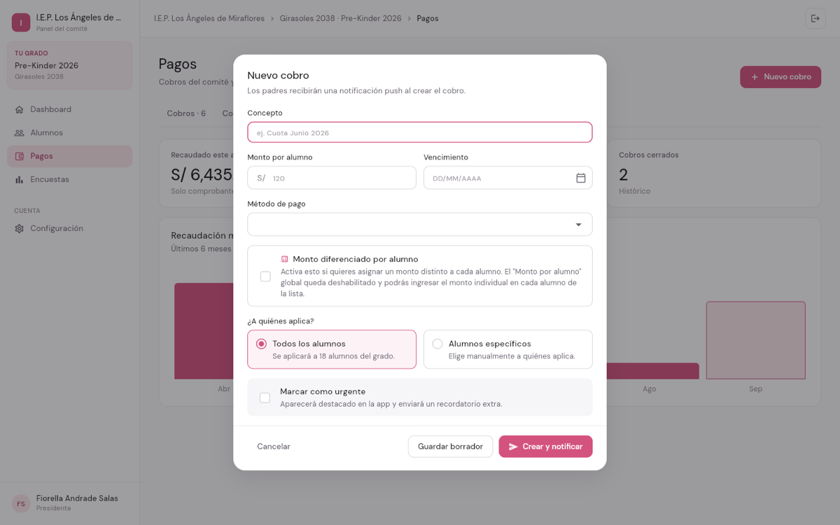 Formulario de creación de un cobro nuevo en el panel web