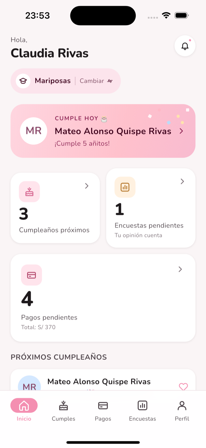 App móvil del apoderado: saludo, cumpleaños del día y métricas de pagos y encuestas